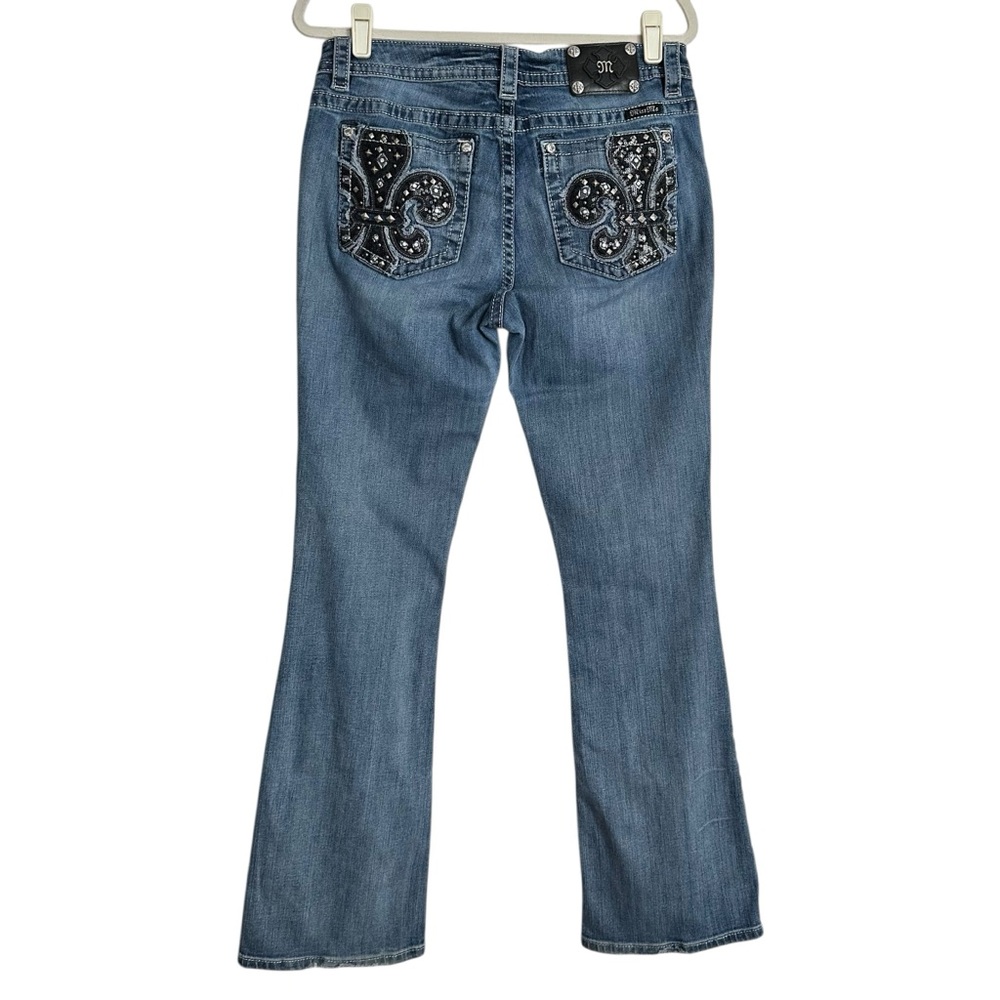 MISS ME Mid Rise Bootcut Jeans 31 Fleur De Lis‎ Pockets Y2K Western Glam Denim